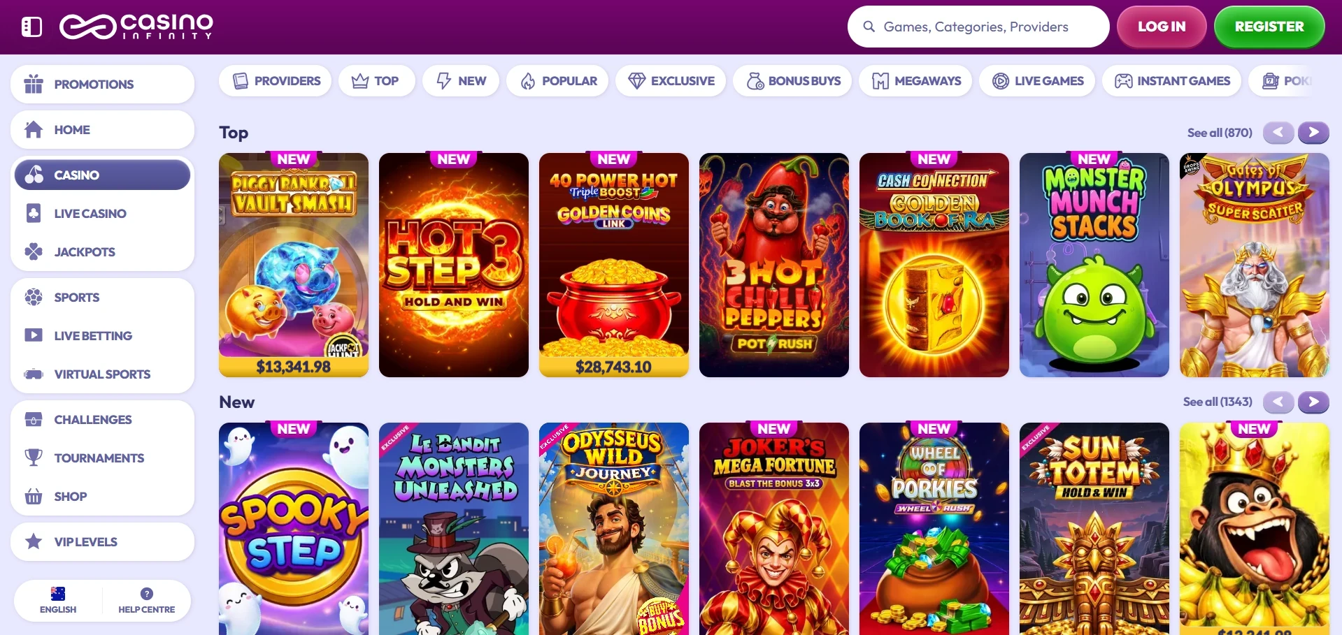Infinity lobby with rows of game icons