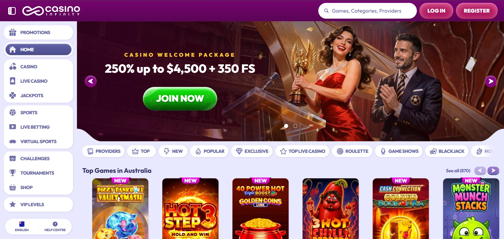 Screenshot of the Infinity homepage