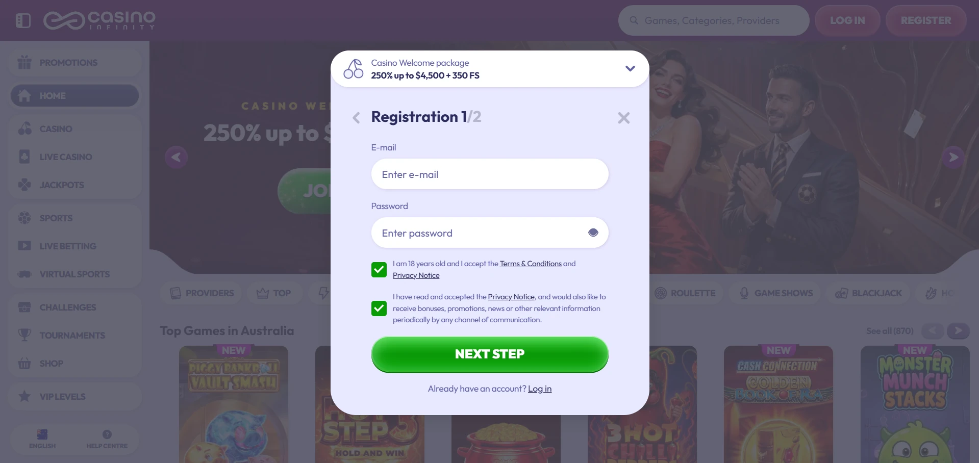Infinity sign-up form